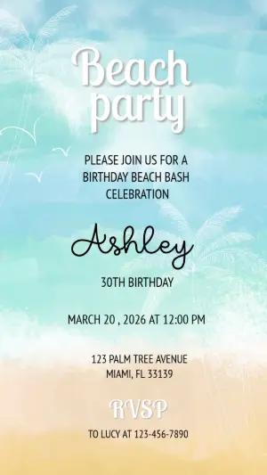 Beach Party Birthday Invitation | Editable Watercolor Template