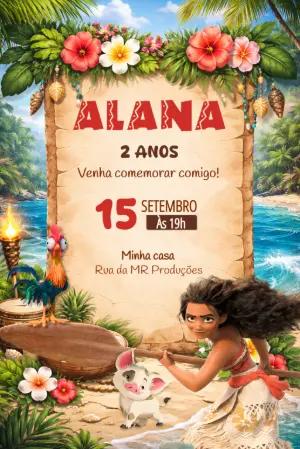 Convite de Aniversário Moana Tropical para Editar Online