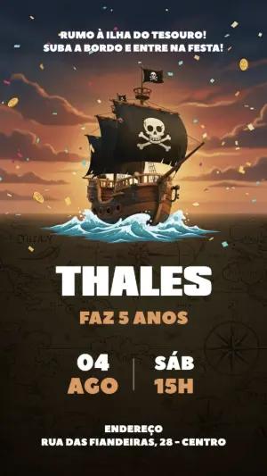 Convite de Aniversário Pirata com Navio para Editar Online