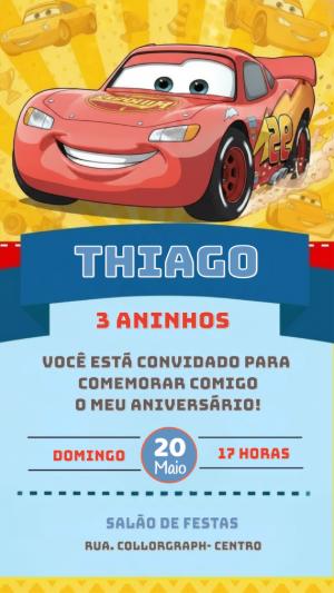 Convite de Aniversário Carros Disney Editável para Menino