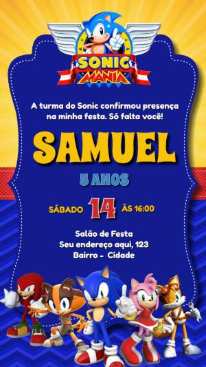 Convite Aniversário Sonic com a Turma para Editar Online