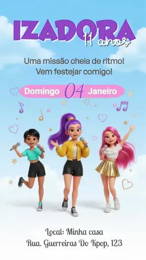 Convite Aniversário Tema Guerreiras do K-pop  Modelo Editável