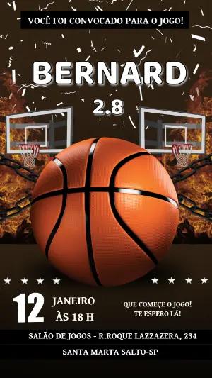 Convite Digital Aniversário Tema Basquete e Chamas para Editar