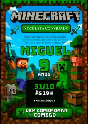 Convite Digital Minecraft para Aniversário Infantil Editável