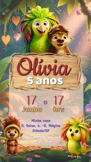 Convite Editável de Aniversário Floresta Mágica com Animais
