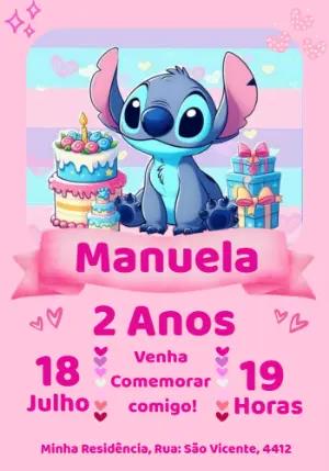 Convite de Aniversário Stitch Rosa para Editar Online e Imprimir