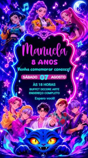Convite de Aniversário Estilo Guerreiras do K-pop Neon Editável