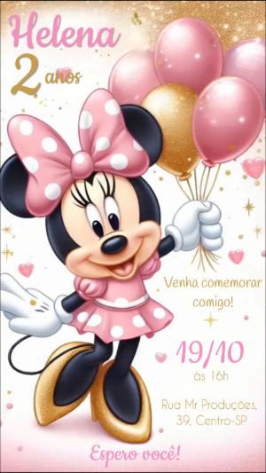 Convite Animado Aniversário Minnie Rosa e Dourado para Editar