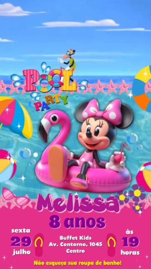 Convite Animado Aniversário Minnie Pool Party para Editar