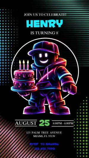 Gamer Birthday Invitation with Neon Roblox - Editable Template