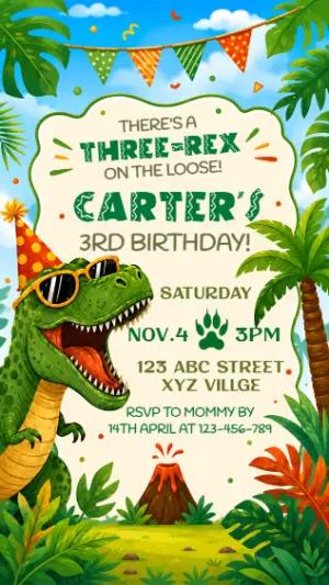 Editable Three-Rex Dinosaur Birthday Invitation Template