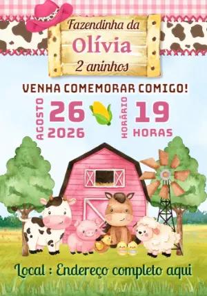 Convite Aniversário Fazendinha Menina com Animais para Editar