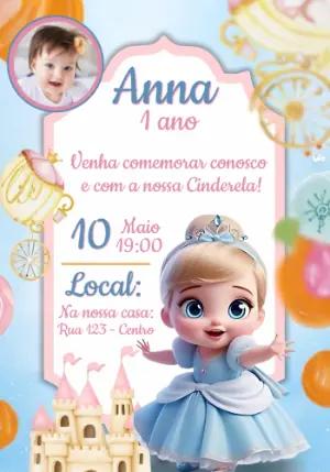 Convite Digital Aniversário Cinderela Baby com Foto Editável