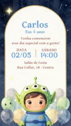 Convite Aniversário Alien Espacial Fofo Modelo Editável