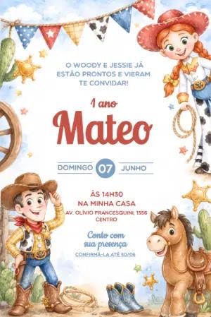 Convite de Aniversário Toy Story Aquarela Modelo Editável