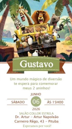Convite de Aniversário Madagascar: Aventura na Selva Editável