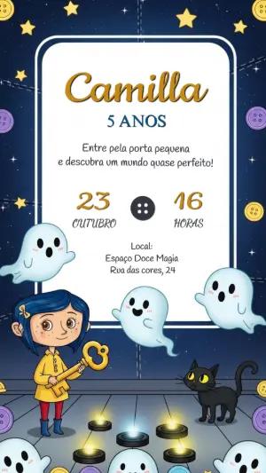 Convite Digital Infantil Tema Coraline e o Mundo Secreto Editável