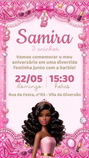 Convite de Aniversário Barbie Negra Rosa Editável