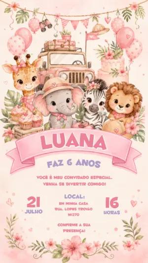 Convite de Aniversário Safari Rosa Animais Fofos Editável