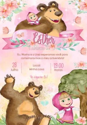 Convite Aniversário Masha e o Urso Aquarela para Editar Online