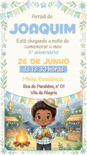 Convite de Aniversário Festa Junina Infantil Aquarela Editável