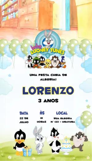 Convite Animado de Aniversário Baby Looney Tunes para Editar