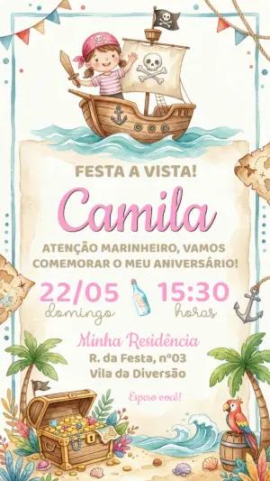 Convite de Aniversário Pirata Menina em Aquarela para Editar