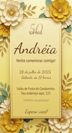 Convite de Aniversário 50 Anos Floral Amarelo e Dourado Editável