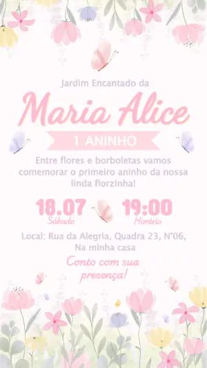 Convite de Aniversário Jardim Encantado Aquarela Editável