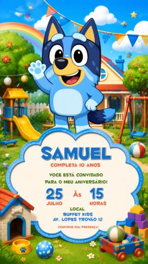Convite de Aniversário Bluey Colorido para Editar