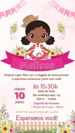 Convite Chá de Fralda Junino Menina Morena para Editar Online