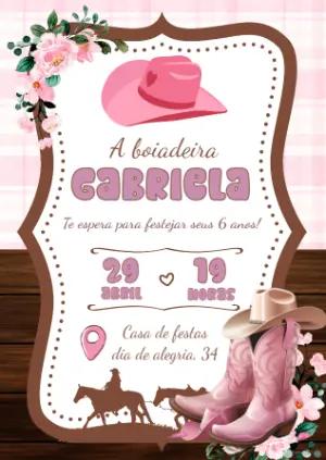 Convite Aniversário Boiadeira Country Rosa para Editar Online