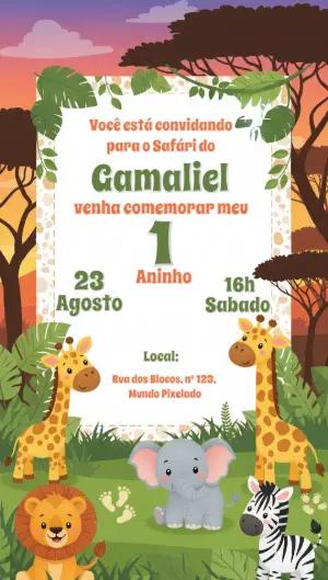 Convite Aniversário Safari com Animais para Editar Online