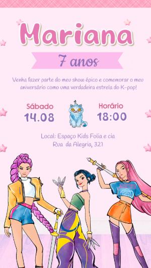 Convite de Aniversário Guerreiras do Kpop para Editar e Enviar
