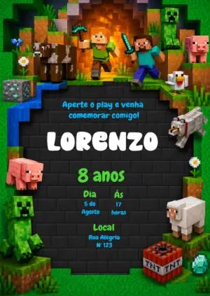 Convite de Aniversário Minecraft Digital para Editar