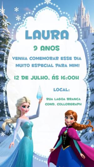 Convite de Aniversário Frozen com Elsa e Anna para Editar Online