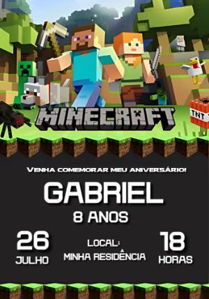 Convite de Aniversário Minecraft com Personagens para Editar
