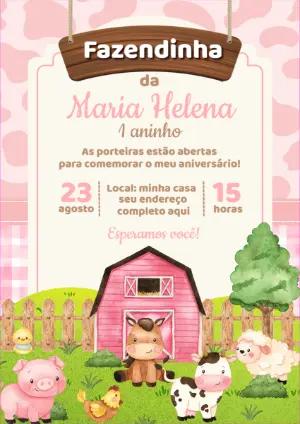 Convite Aniversário Fazendinha Rosa com Animais para Editar