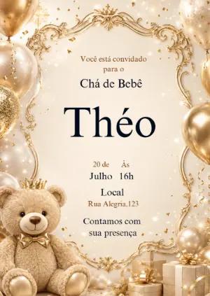 Convite Editável Chá de Bebê Ursinho Príncipe Dourado