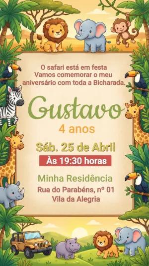 Convite de Aniversário Safari Animais da Selva Editável