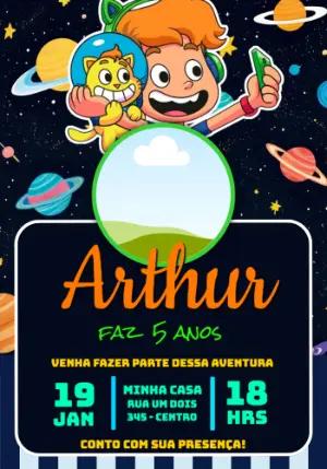 Convite de Aniversário Infantil Gato Galáctico Editável