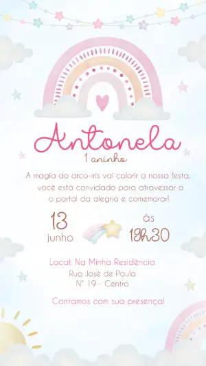 Convite de Aniversário Arco-Íris Boho Aquarela Editável