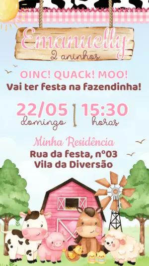 Convite de Aniversário Fazendinha Rosa Infantil para Editar