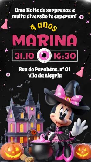 Convite de Aniversário Halloween da Minnie Bruxinha Editável