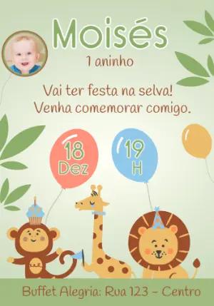 Convite de Aniversário Infantil Tema Selva com Foto Editável