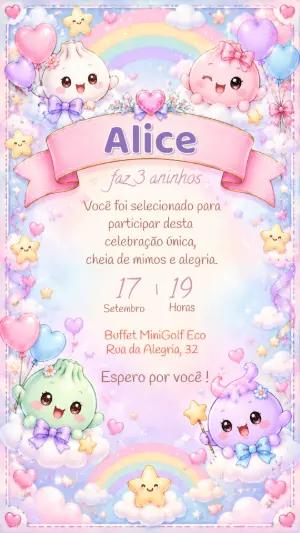 Convite de Aniversário Kawaii com Animais Fofos para Editar