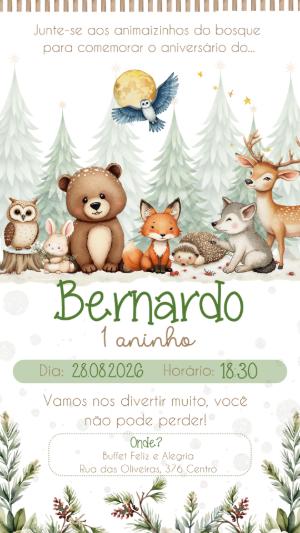 Convite de Aniversário Animais do Bosque Aquarela Editável