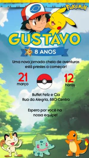 Convite de Aniversário Pokémon com Ash e Pikachu Editável