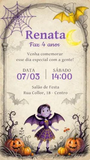Convite Aniversário Halloween Infantil Menina Vampira Editável
