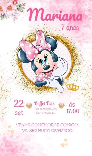 Convite Aniversário Minnie Realeza Rosa e Dourado para Editar
